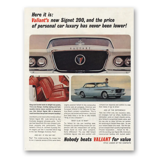 1961 Plymouth Valiant Signet 200 Personal Car Luxury Vintage Magazine Print Ad