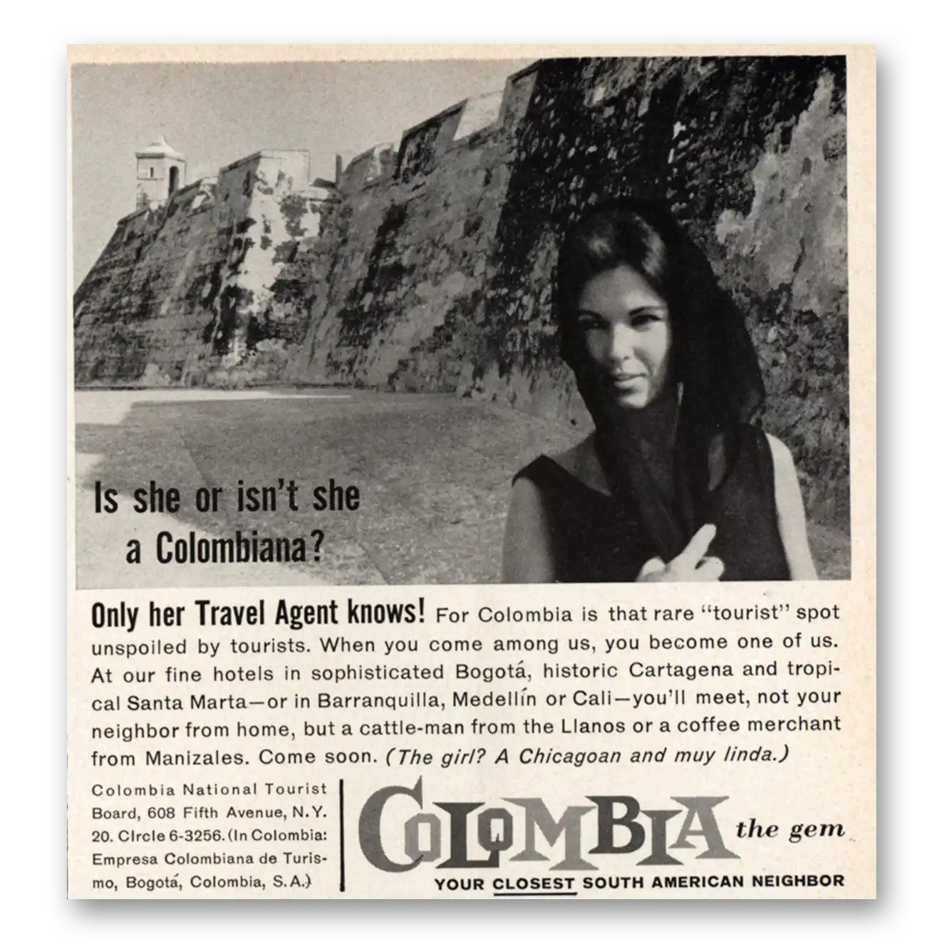 1961 Colombia Tourism She Or Isnt She a Colombiana Vintage Magazine Print Ad