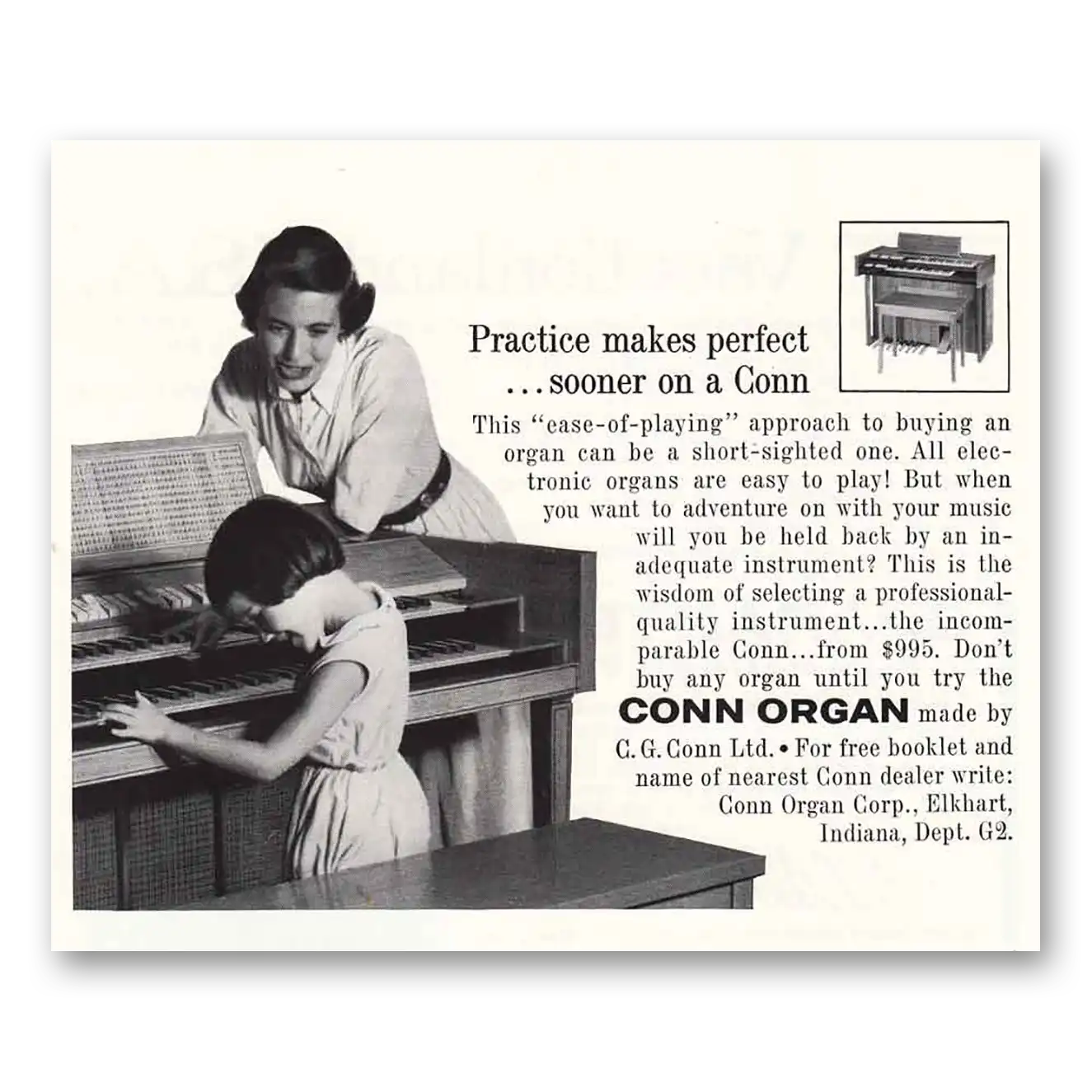 1961 Conn Organ Practice Makes Perfect Vintage Magazine Print Ad