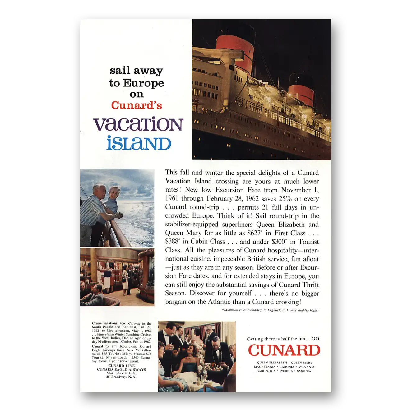 1961 Cunard Vacation Island Vintage Magazine Print Ad