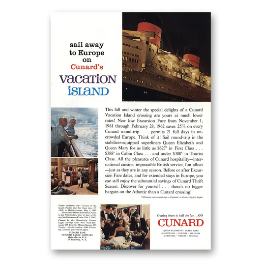 1961 Cunard Vacation Island Vintage Magazine Print Ad