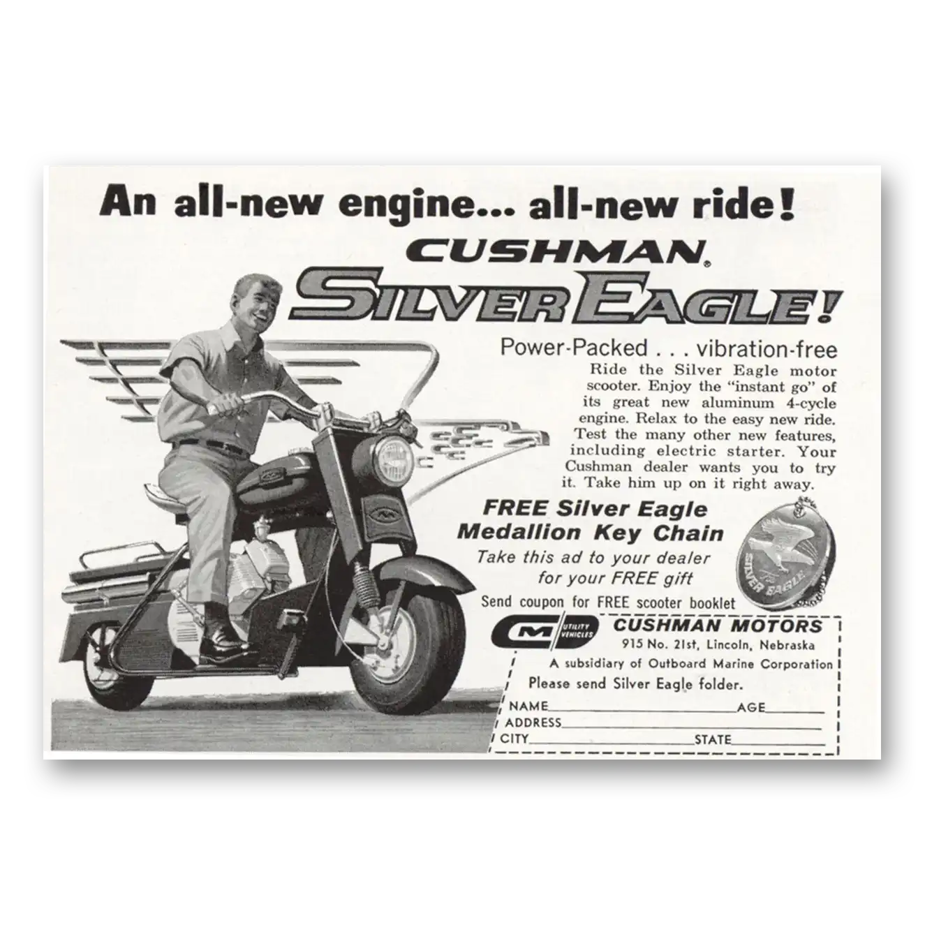 1961 Cushman Silver Eagle All New Engine All New Ride Vintage Magazine Print Ad