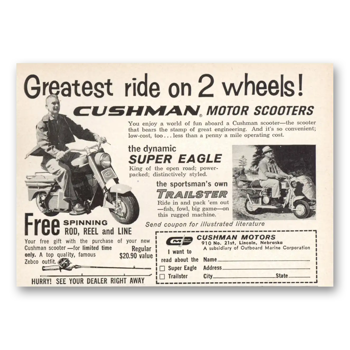 1961 Cushman Super Eagle Greatest Ride On 2 Wheels Vintage Magazine Print Ad