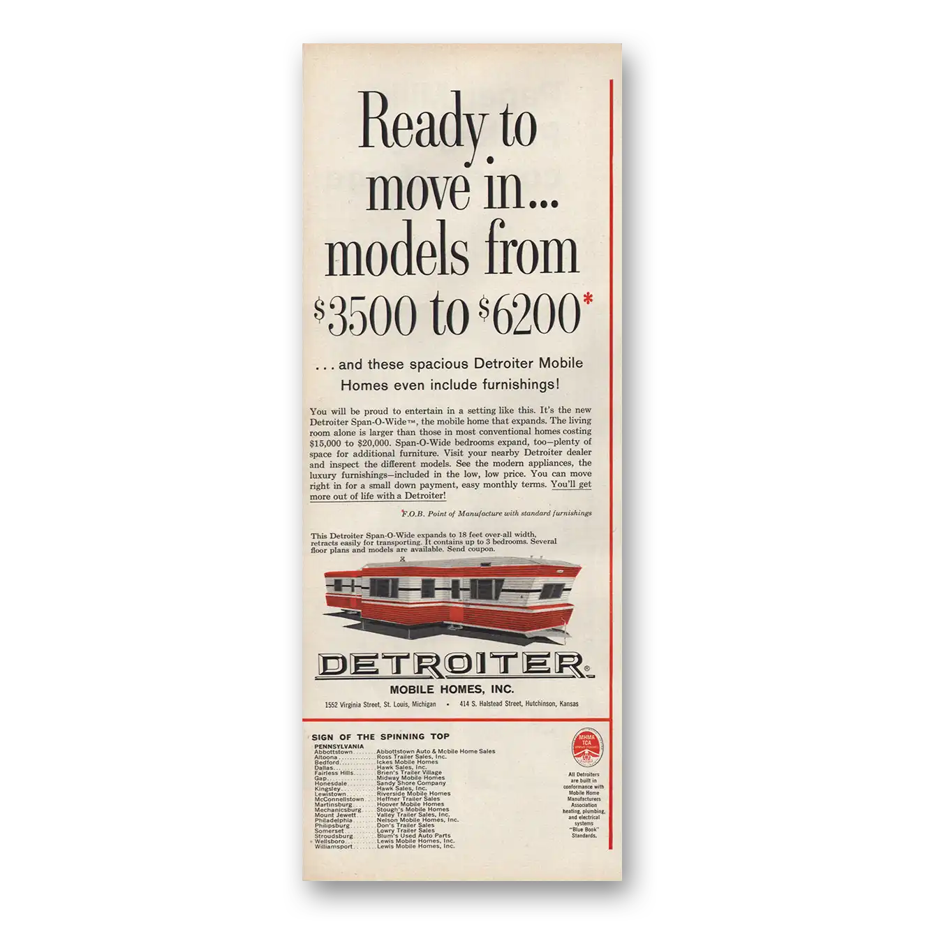 1961 Detroiter Mobile Homes Ready to Move In Vintage Magazine Print Ad