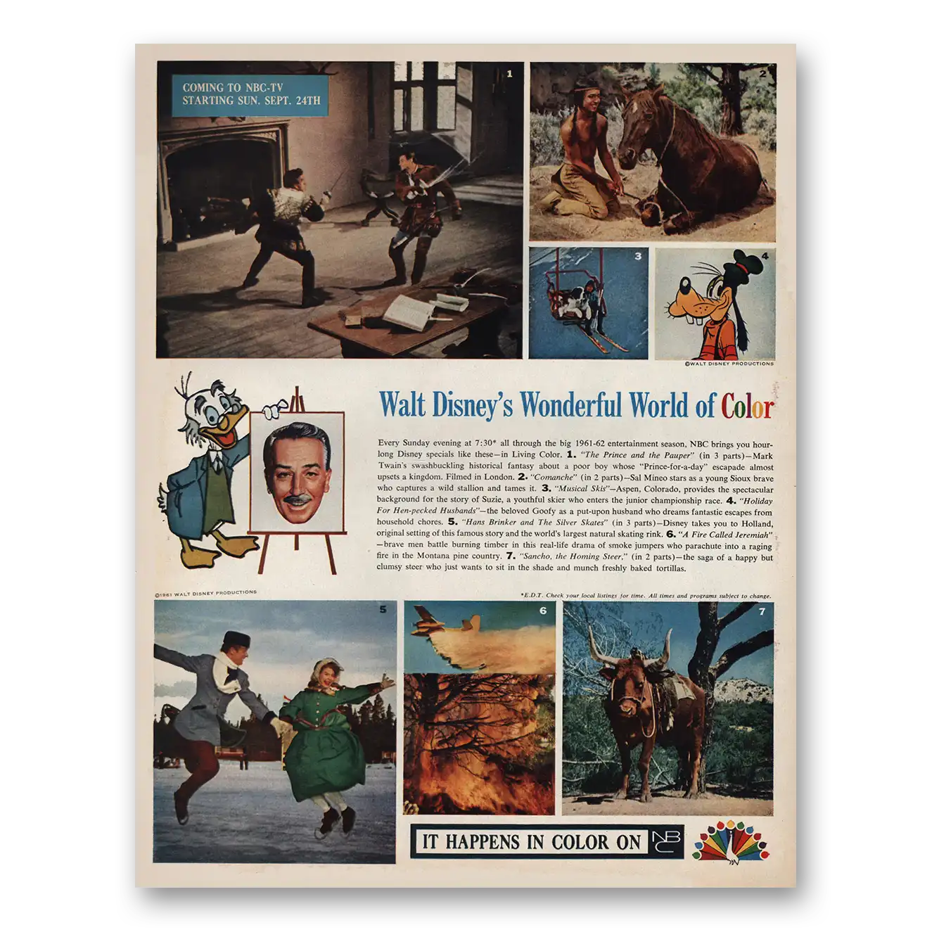 1961 NBC National Broadcasting Walt Disneys Wonderful World of Color Vintage Magazine Print Ad