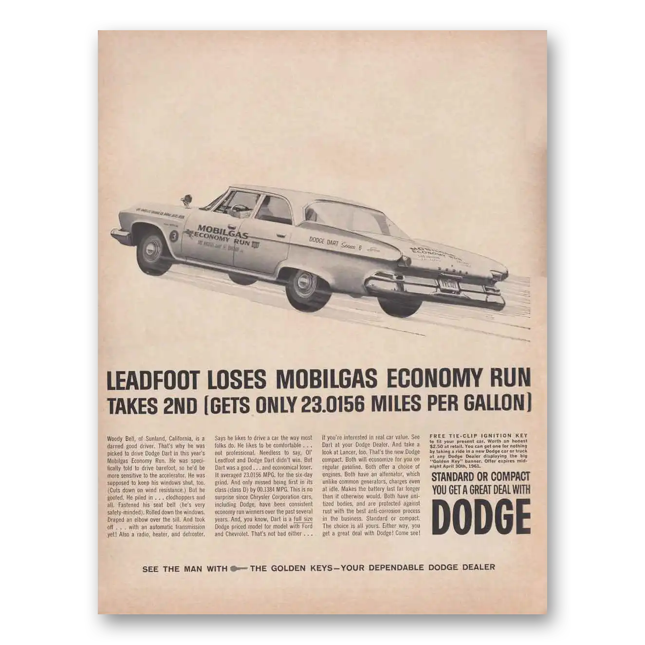 1961 Dodge Leadfoot Loses Mobilgas Economy Run Vintage Magazine Print Ad