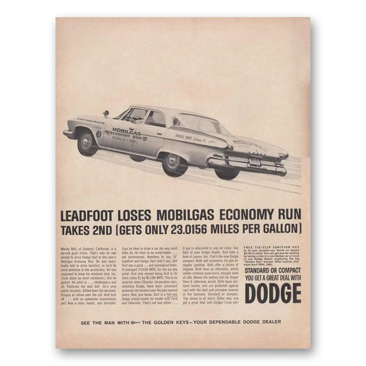 1961 Dodge Leadfoot Loses Mobilgas Economy Run Vintage Magazine Print Ad