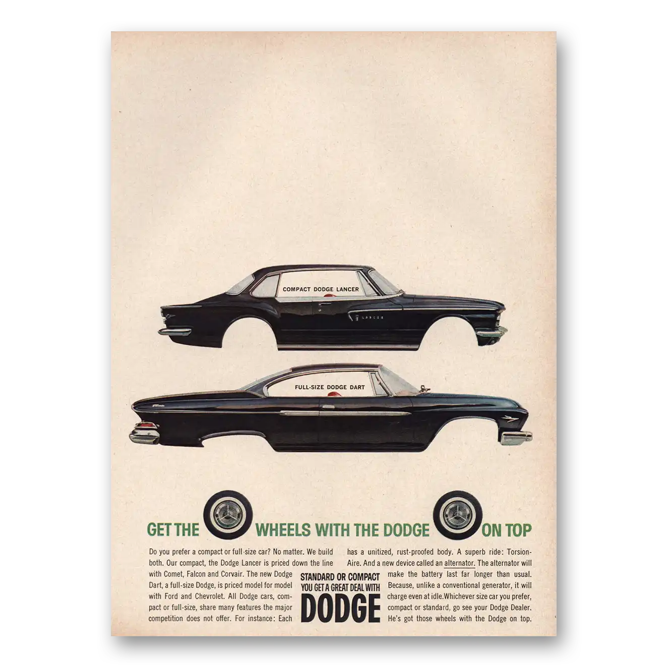 1961 Dodge Lancer Dart Get the Wheels With the Dodge On Top Vintage Magazine Print Ad