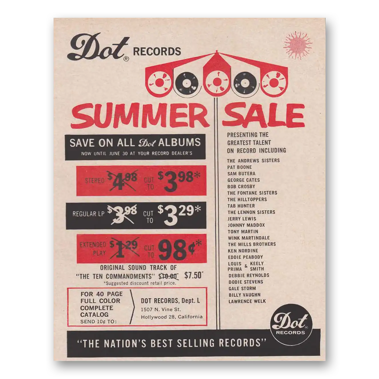 1961 Dot Records Summer Sale Andrews Sisters Pat Boone Vintage Magazine Print Ad