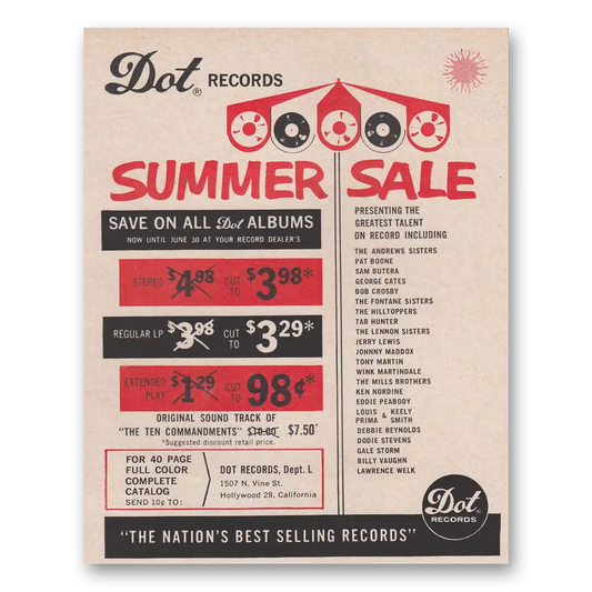 1961 Dot Records Summer Sale Andrews Sisters Pat Boone Vintage Magazine Print Ad