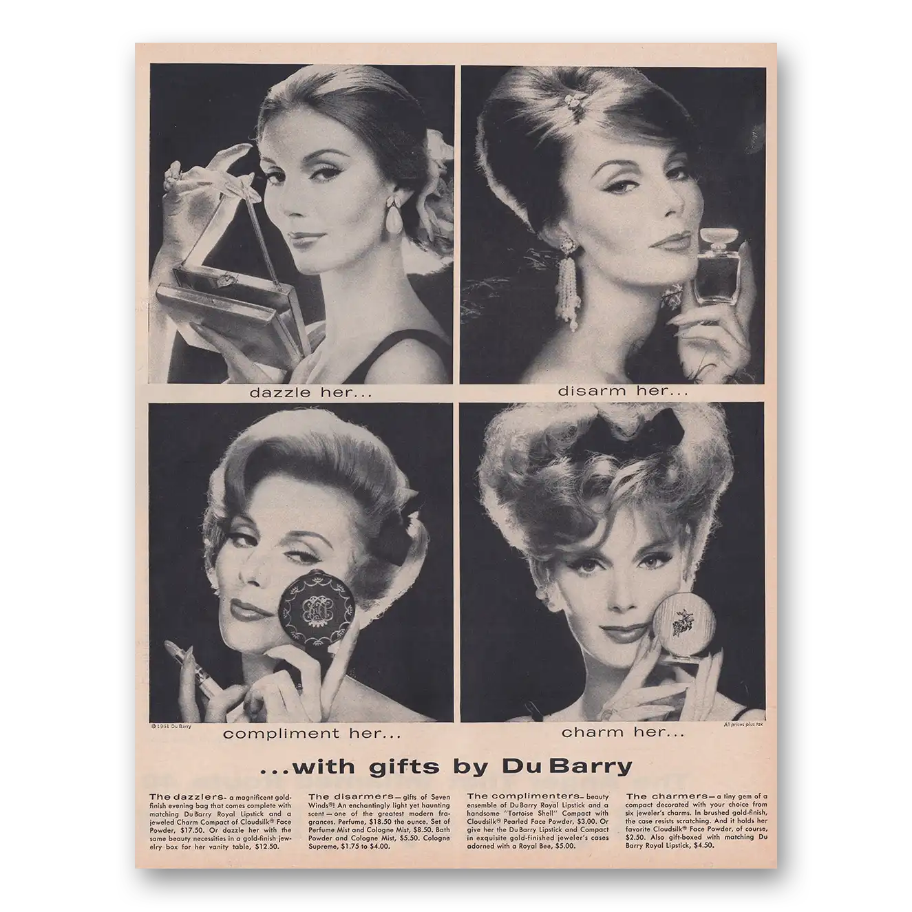 1961 DuBarry Beauty Dazzle Her Disarm Her Compliment Her Vintage Magazine Print Ad