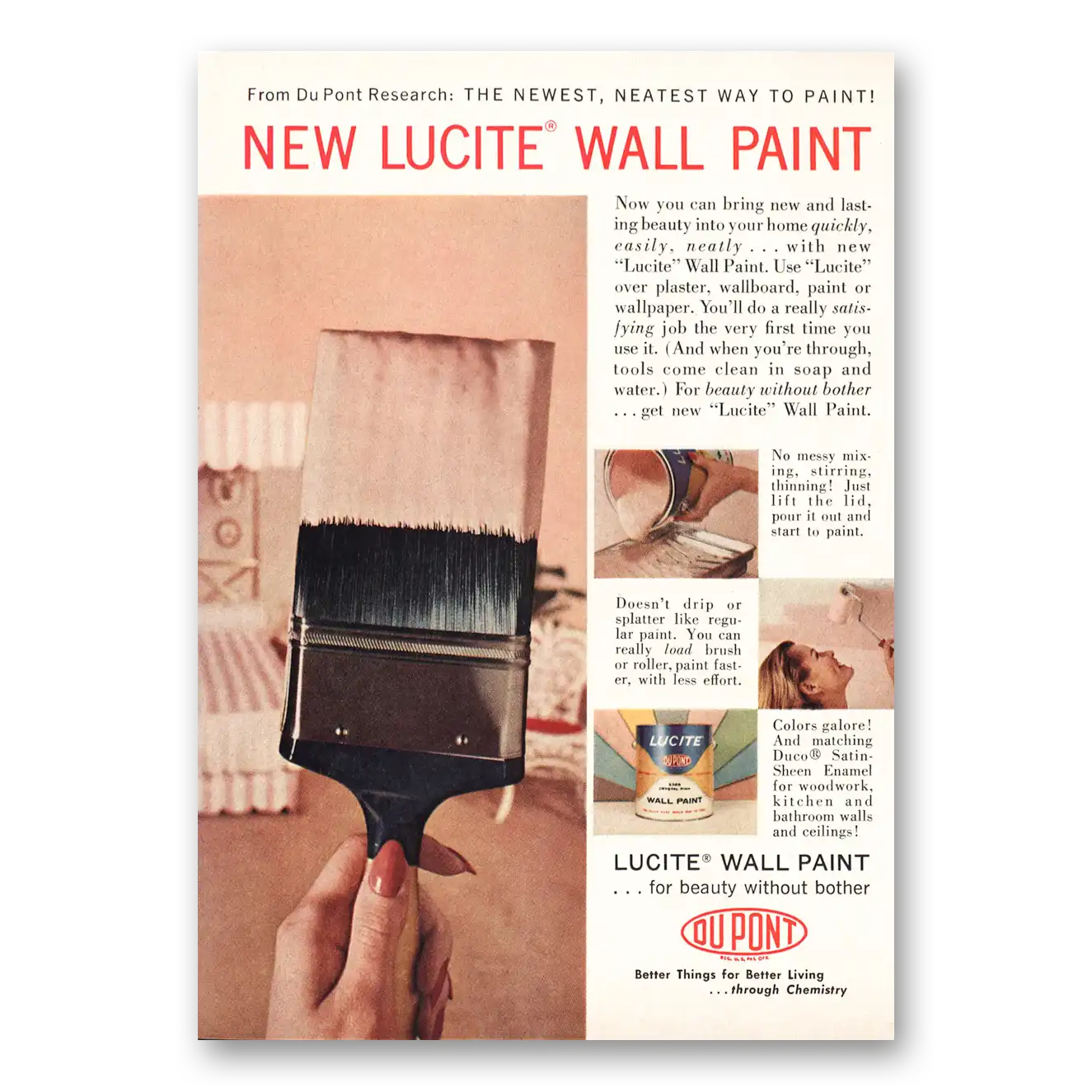 1961 DuPont Lucite Paint New Lucite Wall Paint Vintage Magazine Print Ad