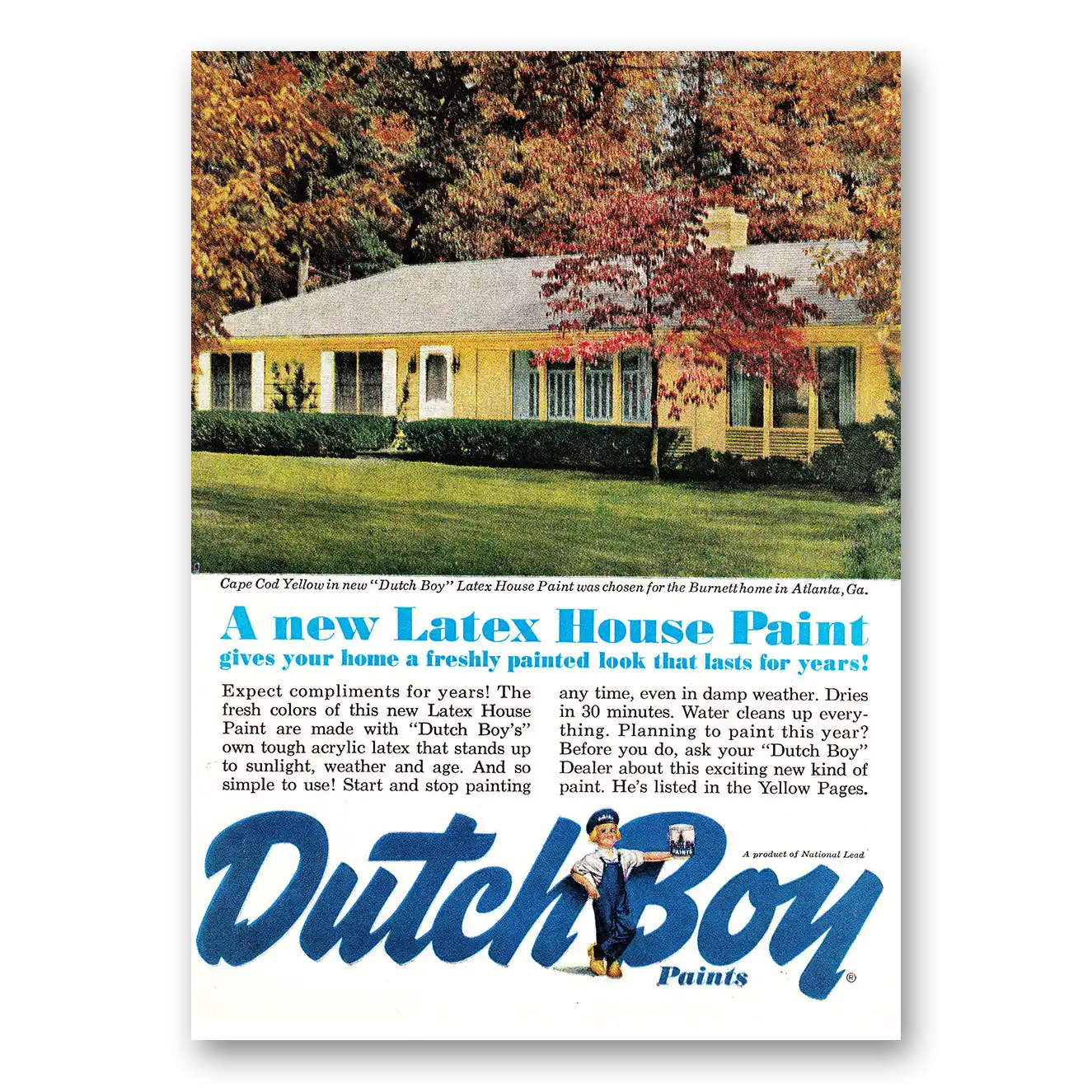 1961 Dutch Boy Paint Latex House Paint Freshly Painted Look Vintage Magazine Print Ad