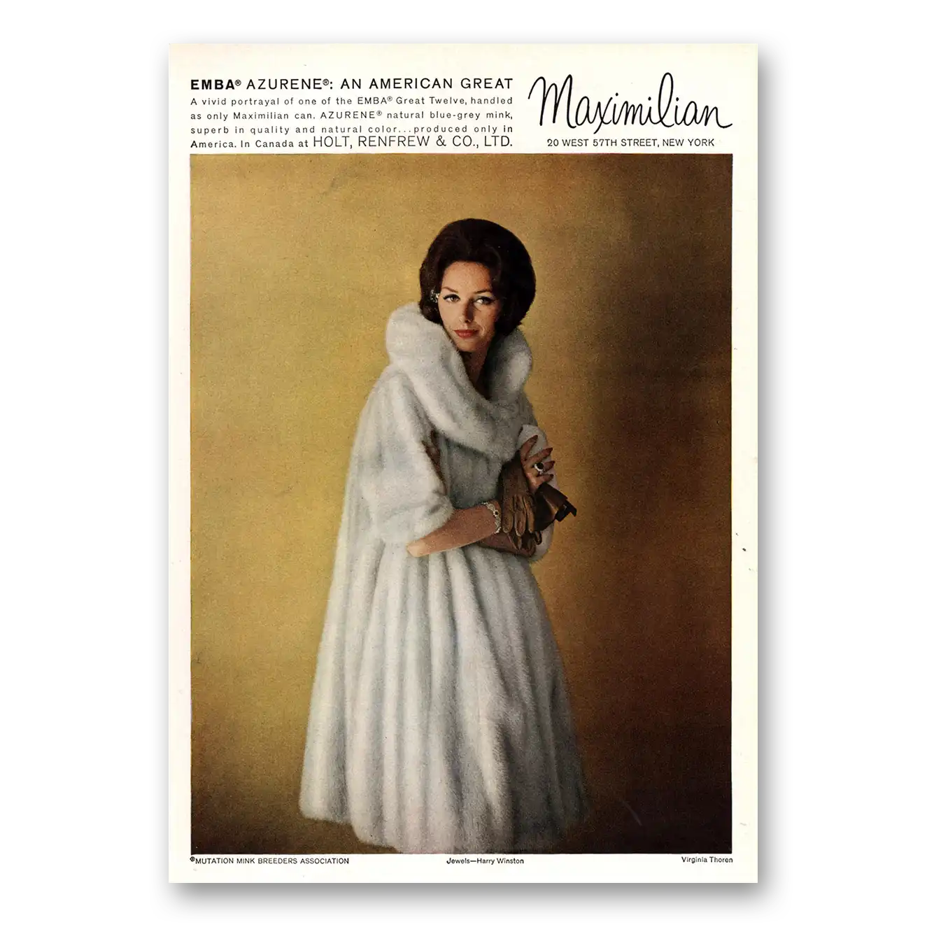 1961 Maximilian Emba Mink Coats Emba Azurene Mink Virginia Thoren Vintage Magazine Print Ad