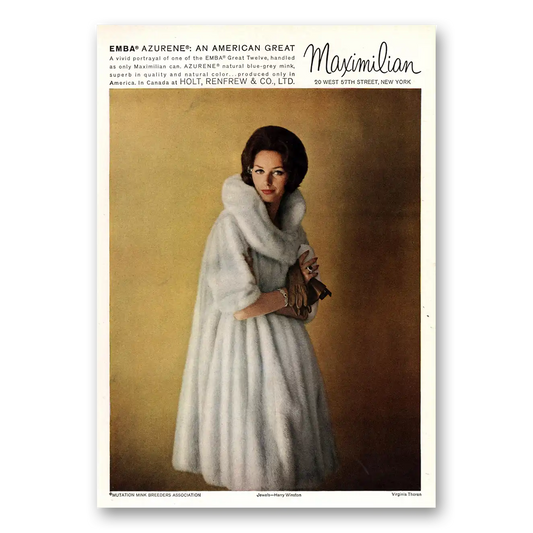 1961 Maximilian Emba Mink Coats Emba Azurene Mink Virginia Thoren Vintage Magazine Print Ad