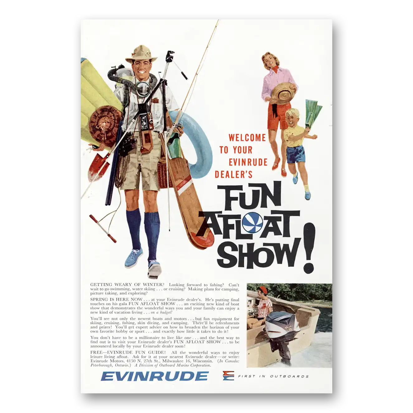 1961 Evinrude Fun Afloat Show Vintage Magazine Print Ad