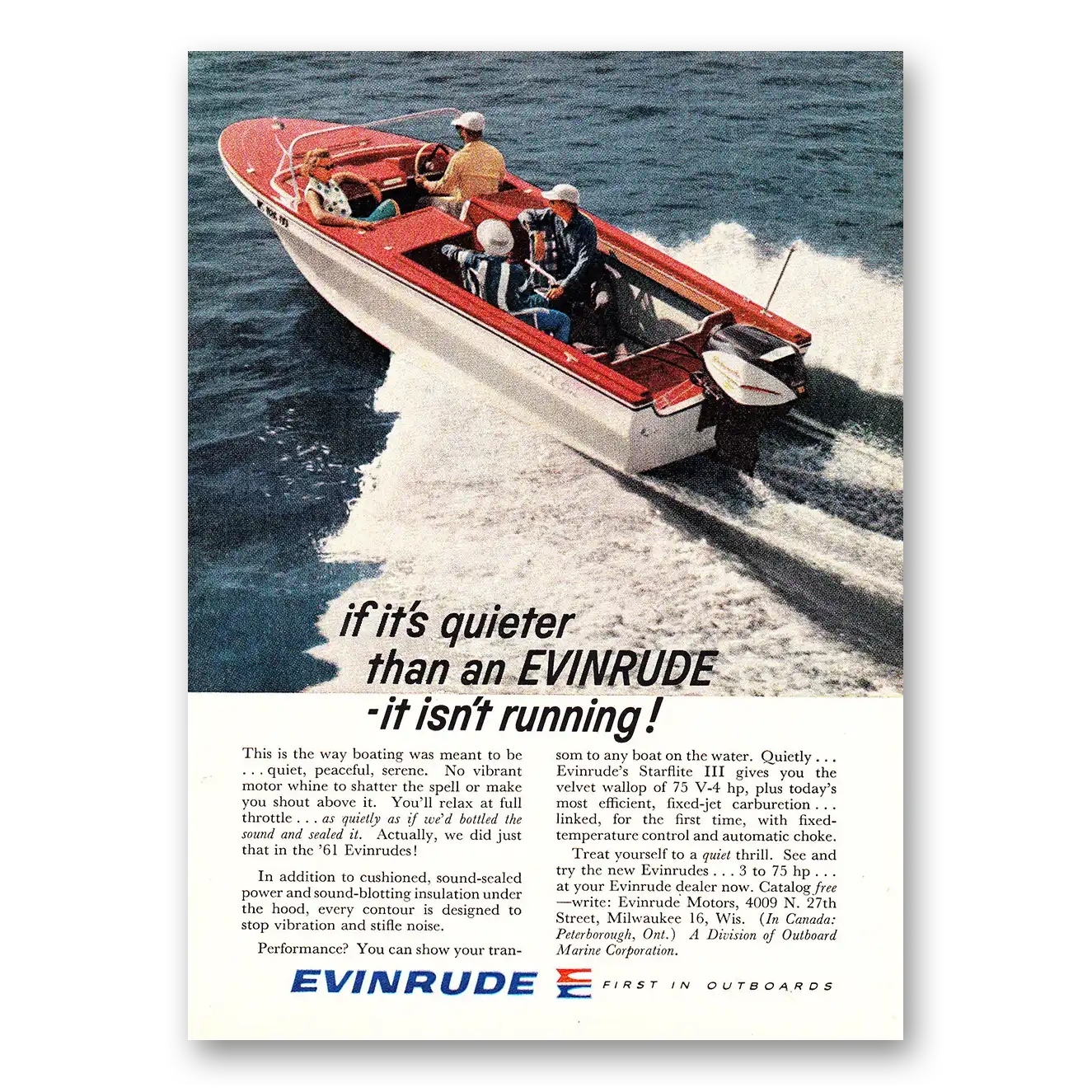 1961 Evinrude Quieter Than an Evinrude It Isn't Running Vintage Magazine Print Ad