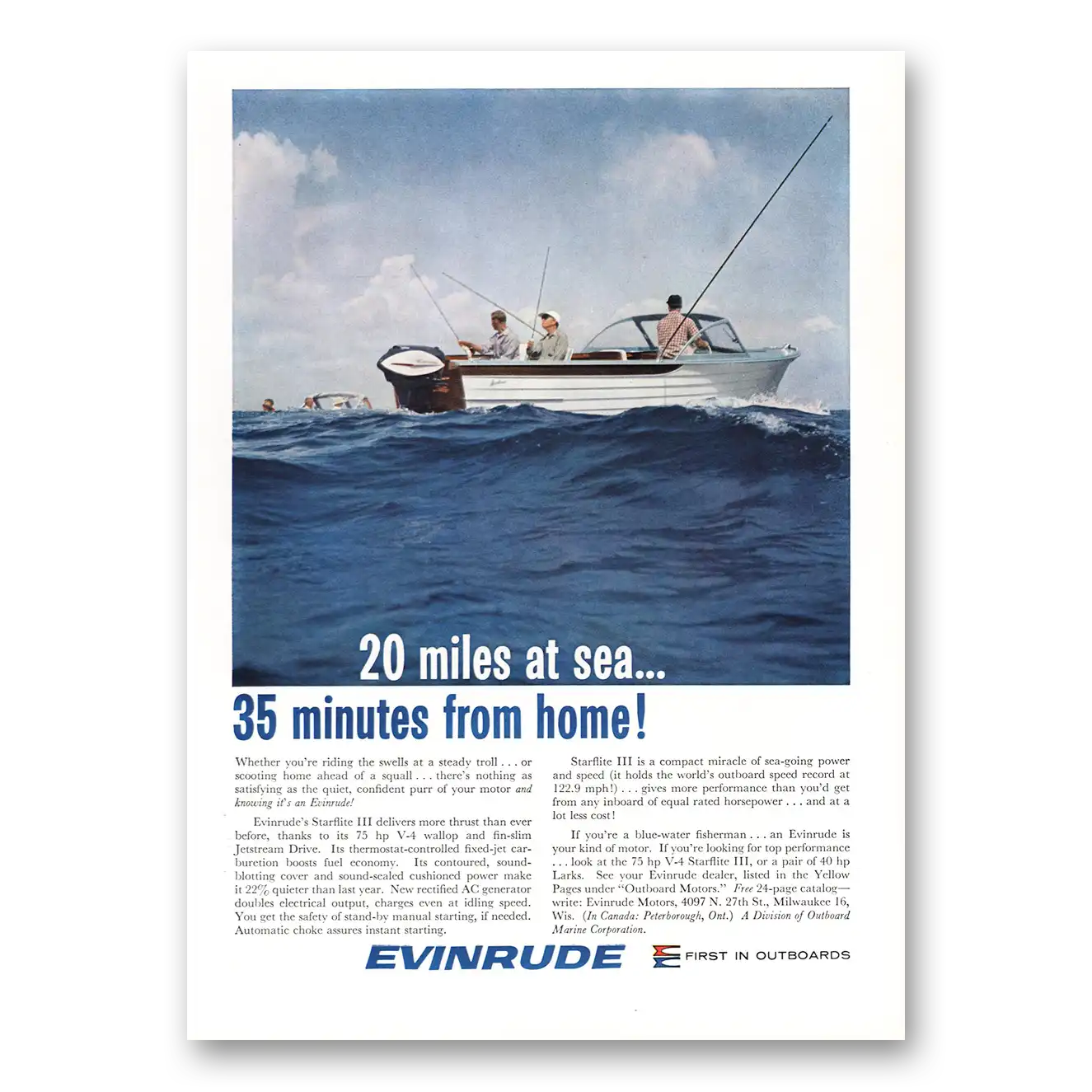 1961 Evinrude Miles at Sea 35 Minutes From Home Vintage Magazine Print Ad