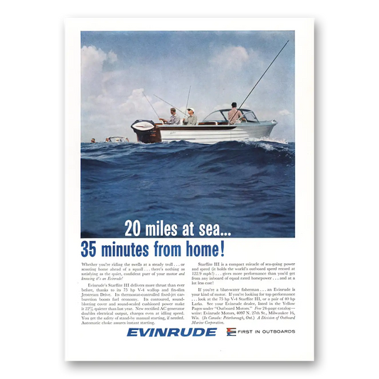 1961 Evinrude Miles at Sea 35 Minutes From Home Vintage Magazine Print Ad