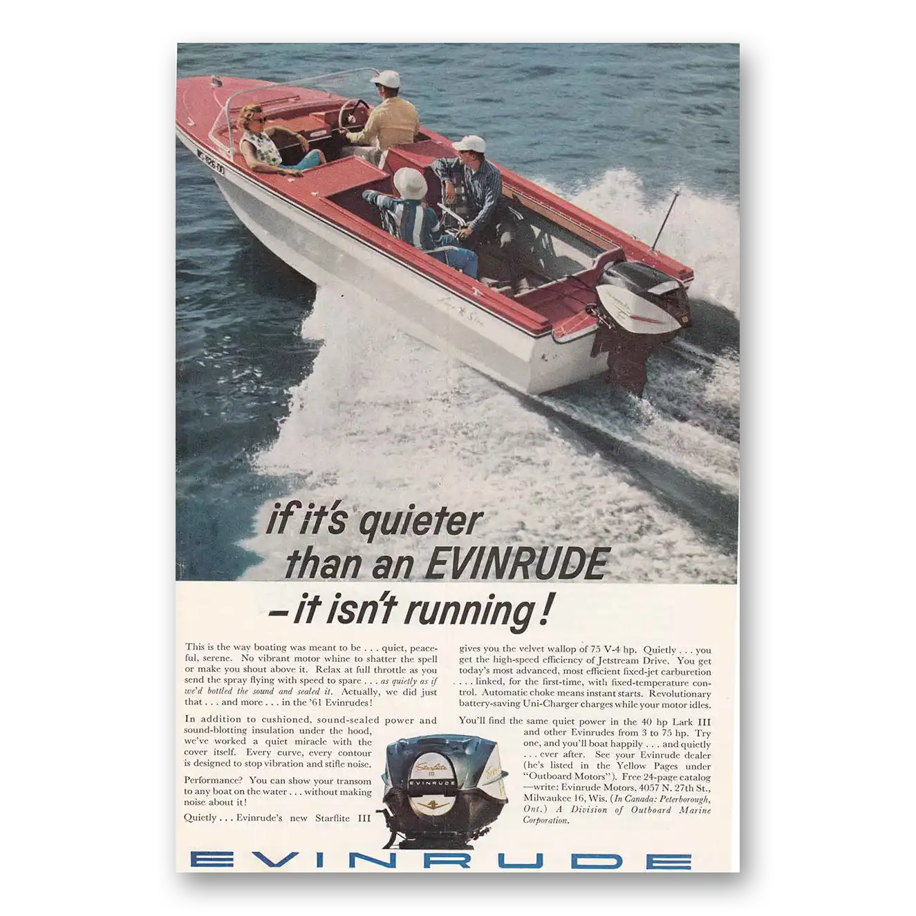 1961 Evinrude Starflite Quieter Than An Evinrude Vintage Magazine Print Ad