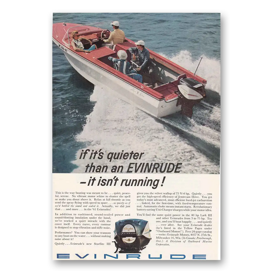 1961 Evinrude Starflite Quieter Than An Evinrude Vintage Magazine Print Ad