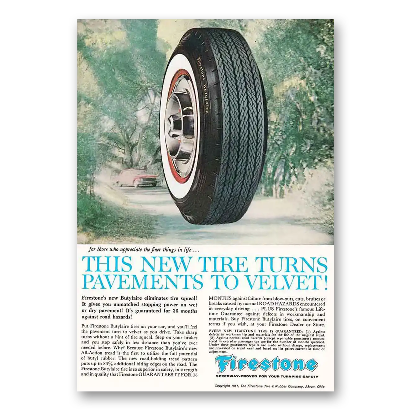 1961 Firestone Tires Turns Pavements to Velvet Butylaire Vintage Magazine Print Ad