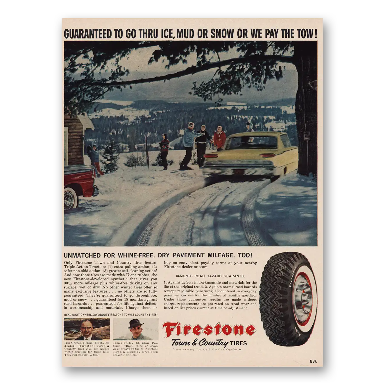 1961 Firestone Tires Whine Free Dry Pavement Mileage Vintage Magazine Print Ad