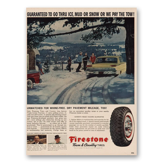 1961 Firestone Tires Whine Free Dry Pavement Mileage Vintage Magazine Print Ad