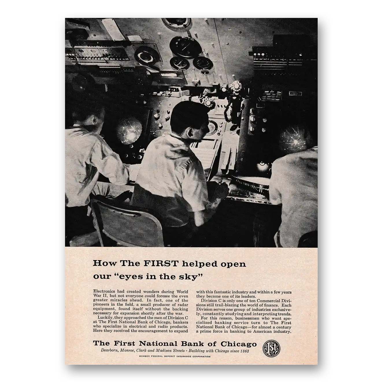 1961 First National Bank of Chicago Open Our Eyes In the Sky Vintage Magazine Print Ad