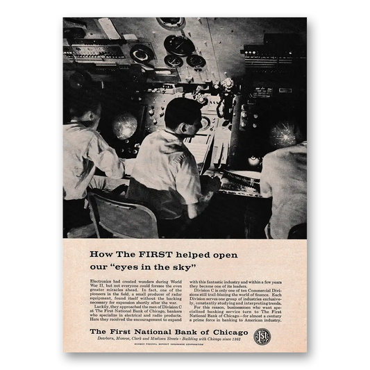 1961 First National Bank of Chicago Open Our Eyes In the Sky Vintage Magazine Print Ad