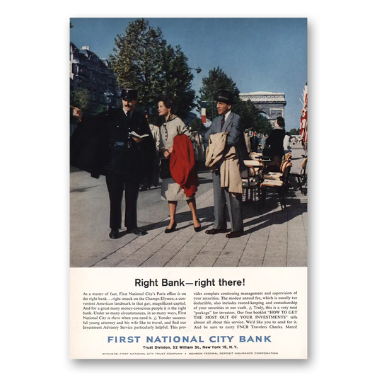 1961 First National City Bank Right Bank Right There Vintage Magazine Print Ad