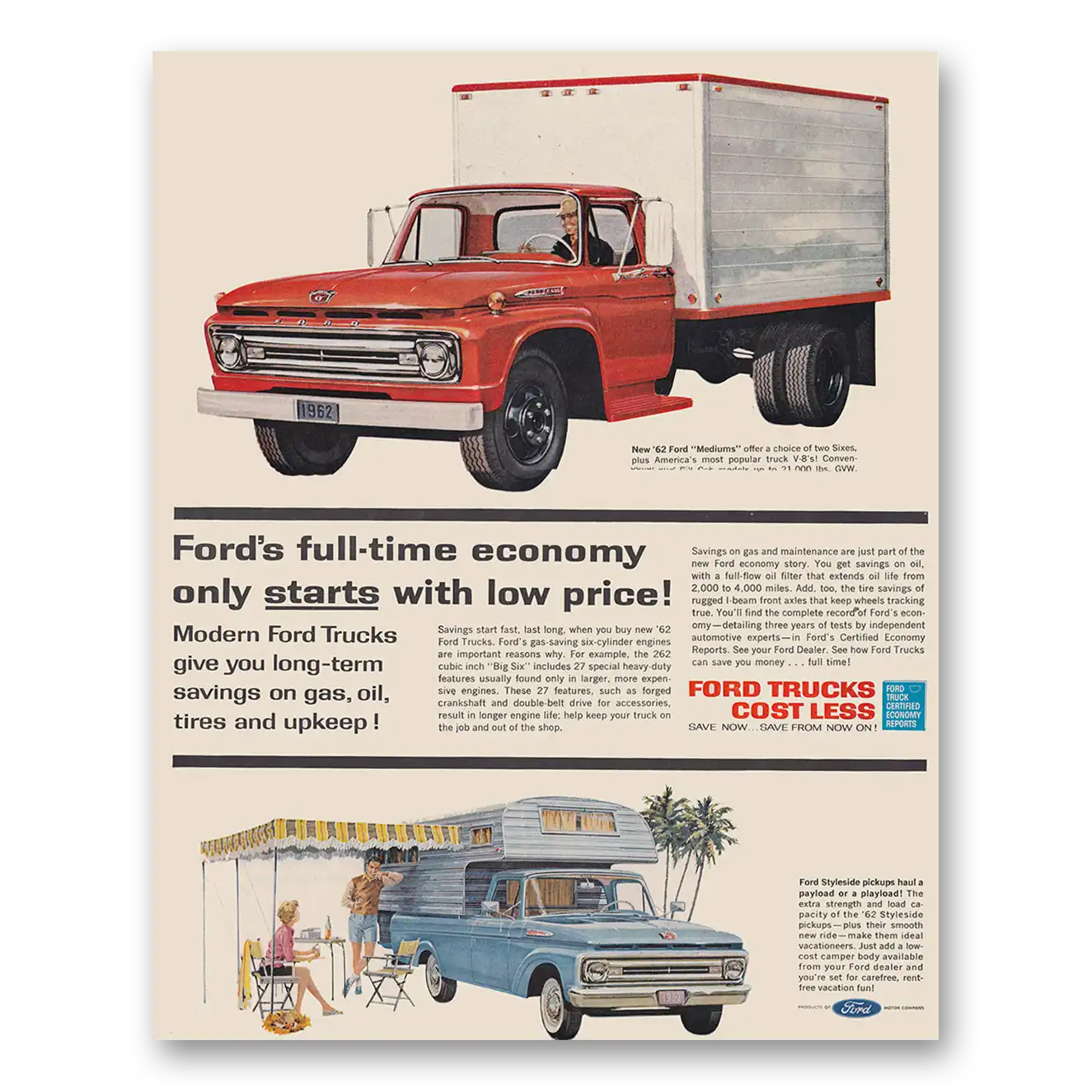 1961 Ford Trucks Full Time Economy Only Starts With Low Prices Vintage Magazine Print Ad