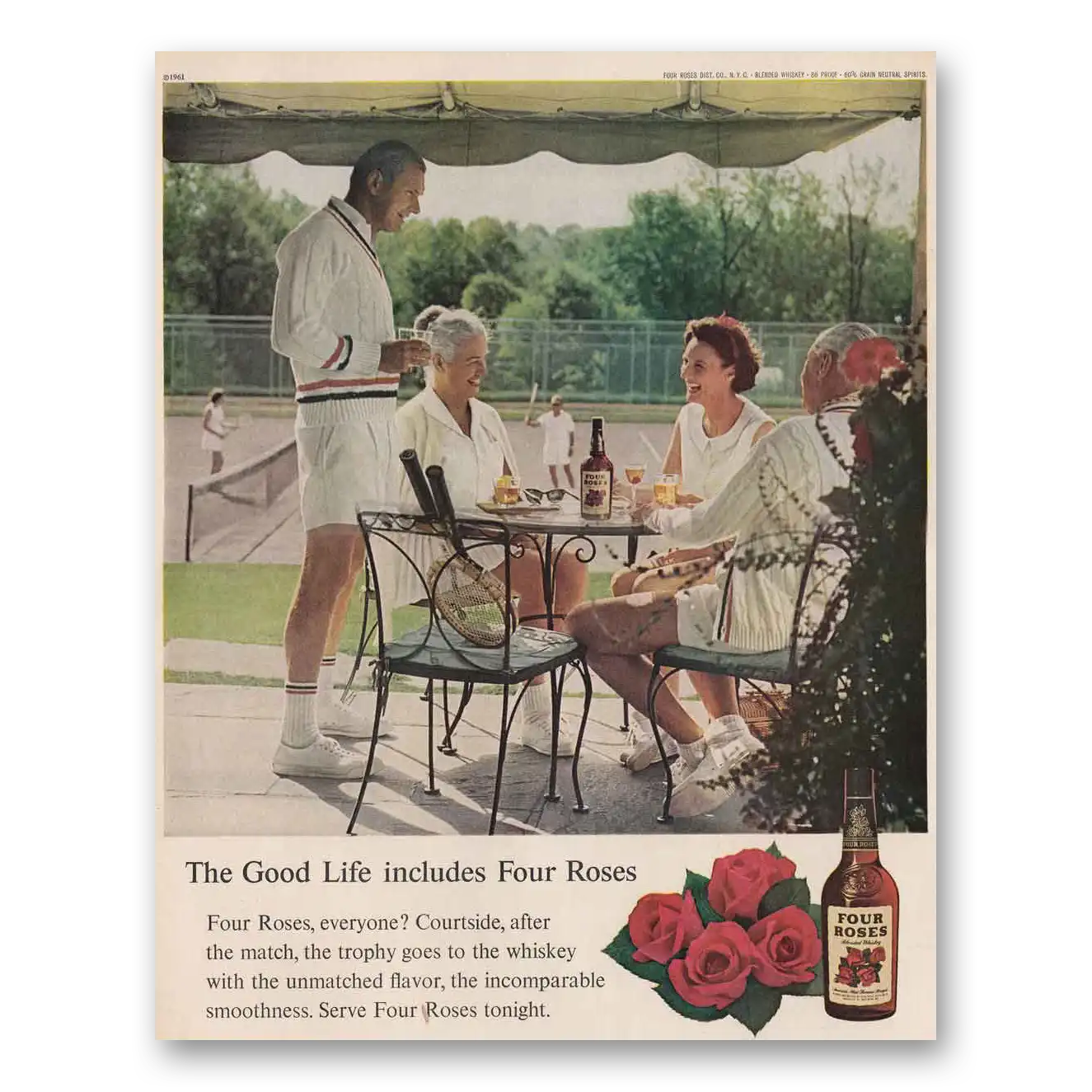 1961 Four Roses Tennis Vintage Magazine Print Ad