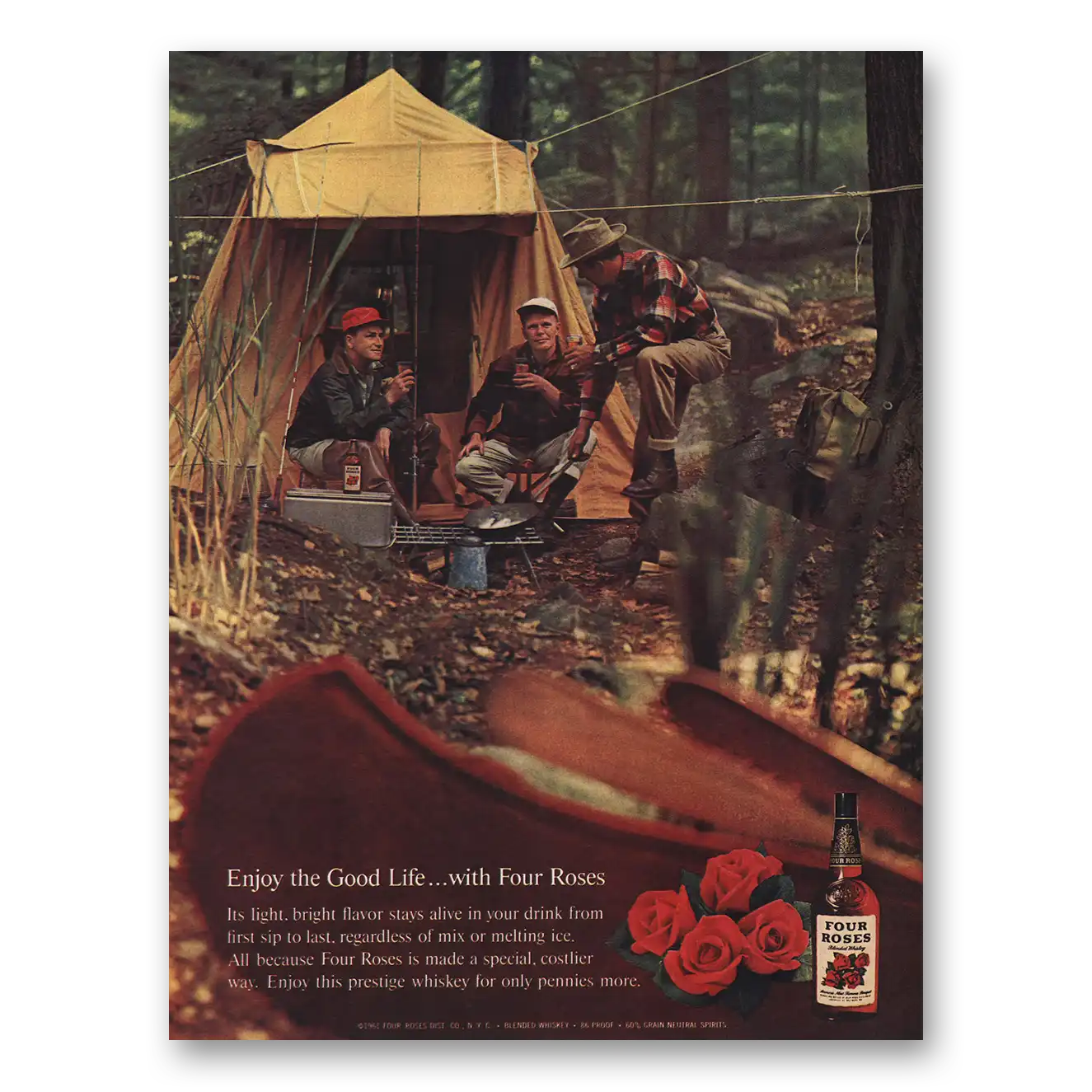 1961 Four Roses Enjoy the Good Life Campsite Vintage Magazine Print Ad