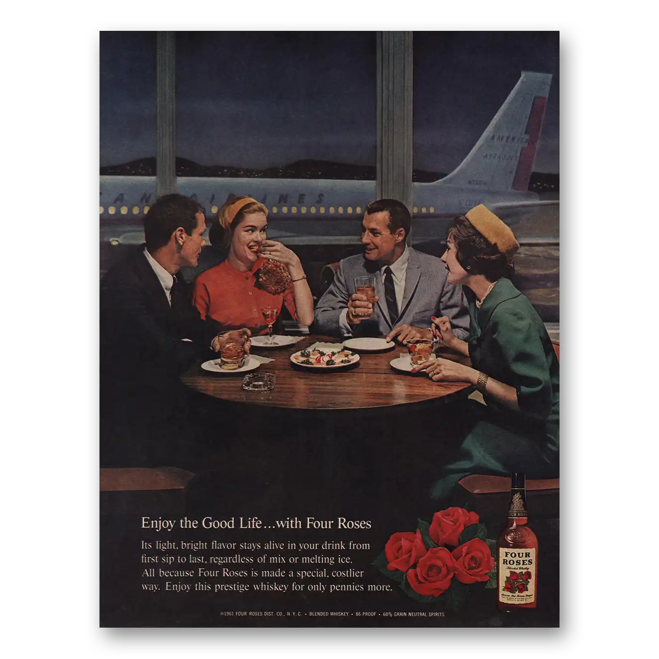 1961 Four Roses American Airlines Vintage Magazine Print Ad