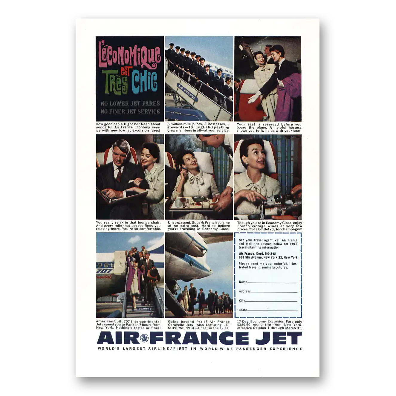 1961 Air France Leconomique est Tres Chic Vintage Magazine Print Ad