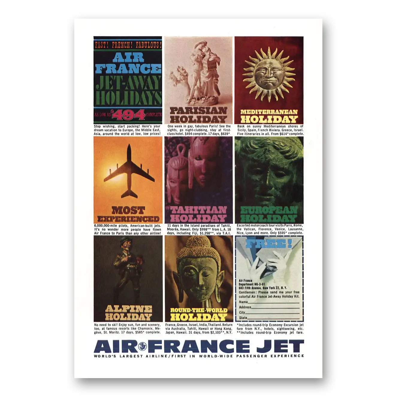 1961 Air France Posters Jet Away Holidays Vintage Magazine Print Ad