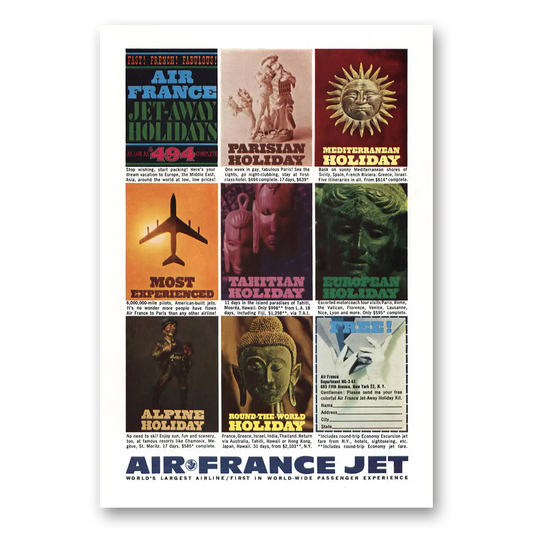 1961 Air France Posters Jet Away Holidays Vintage Magazine Print Ad