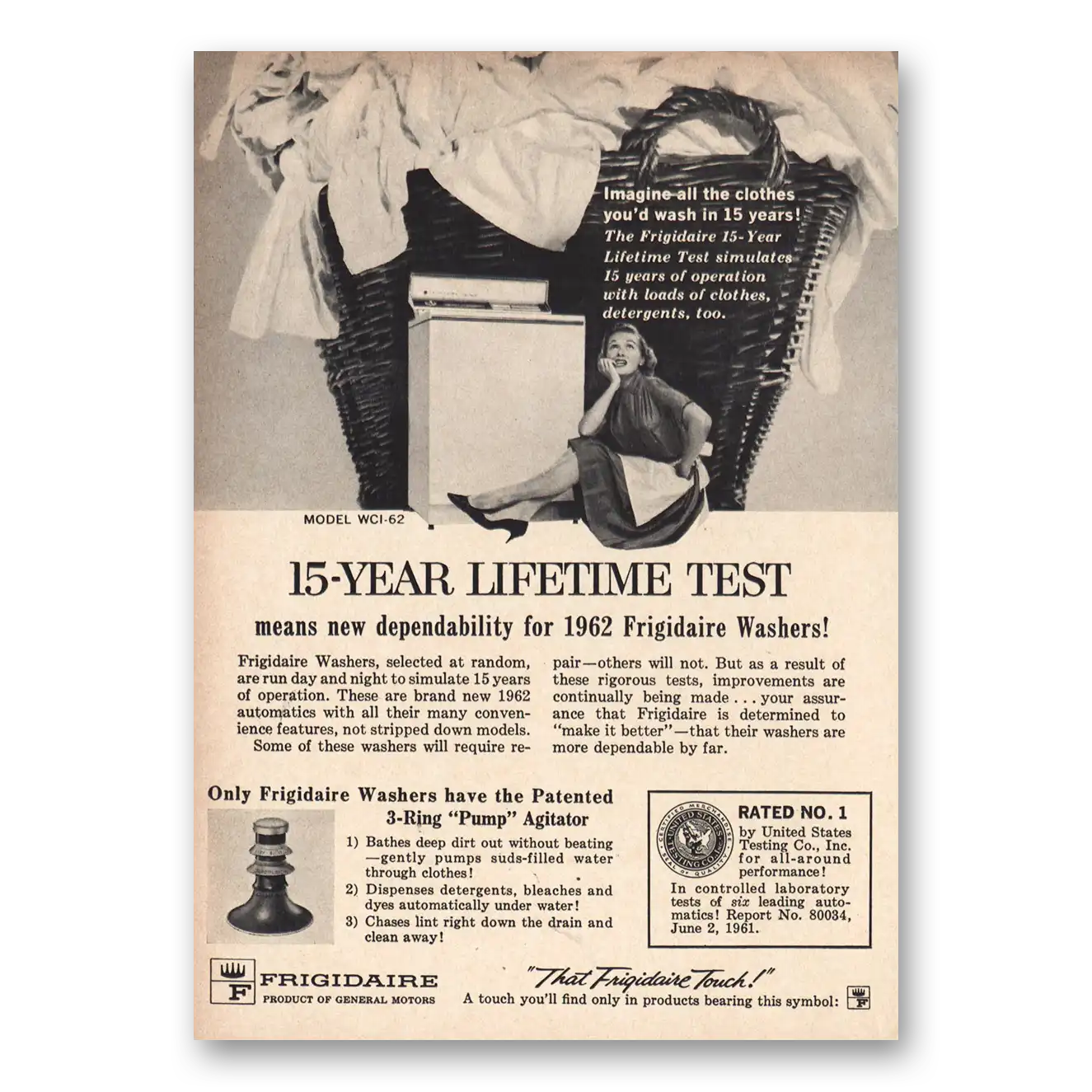 1961 Frigidaire Washer Lifetime Test Vintage Magazine Print Ad