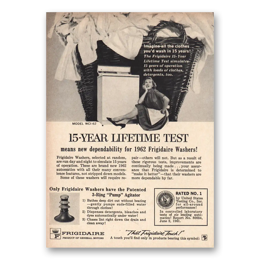 1961 Frigidaire Washer Lifetime Test Vintage Magazine Print Ad