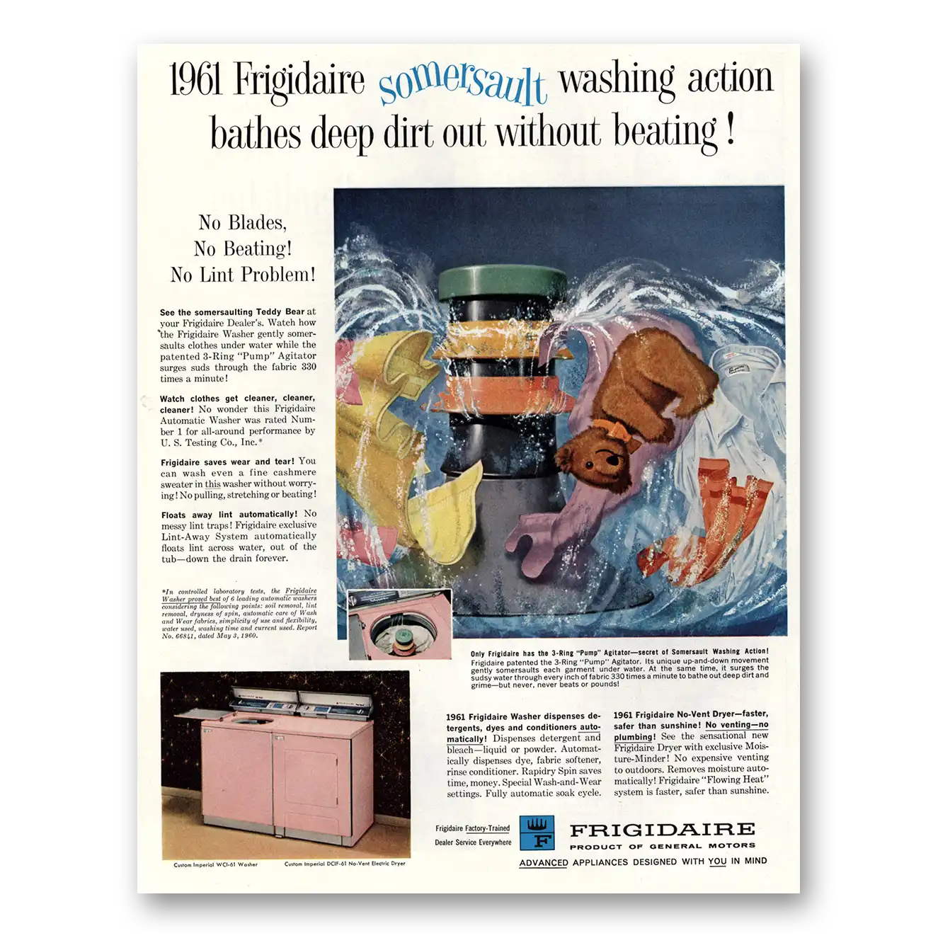 1961 Frigidaire Washer Somersault Washing Action Vintage Magazine Print Ad