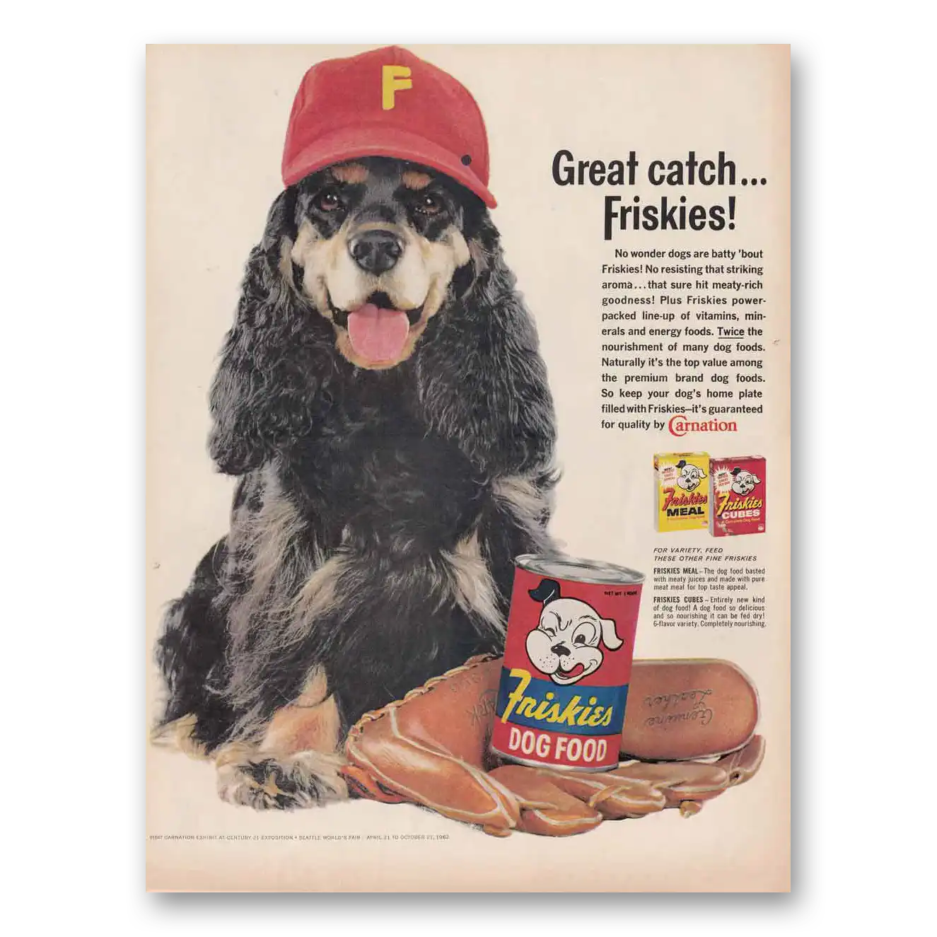 1961 Friskies Dog Food Great Catch Baseball Vintage Magazine Print Ad