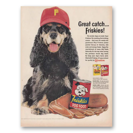 1961 Friskies Dog Food Great Catch Baseball Vintage Magazine Print Ad