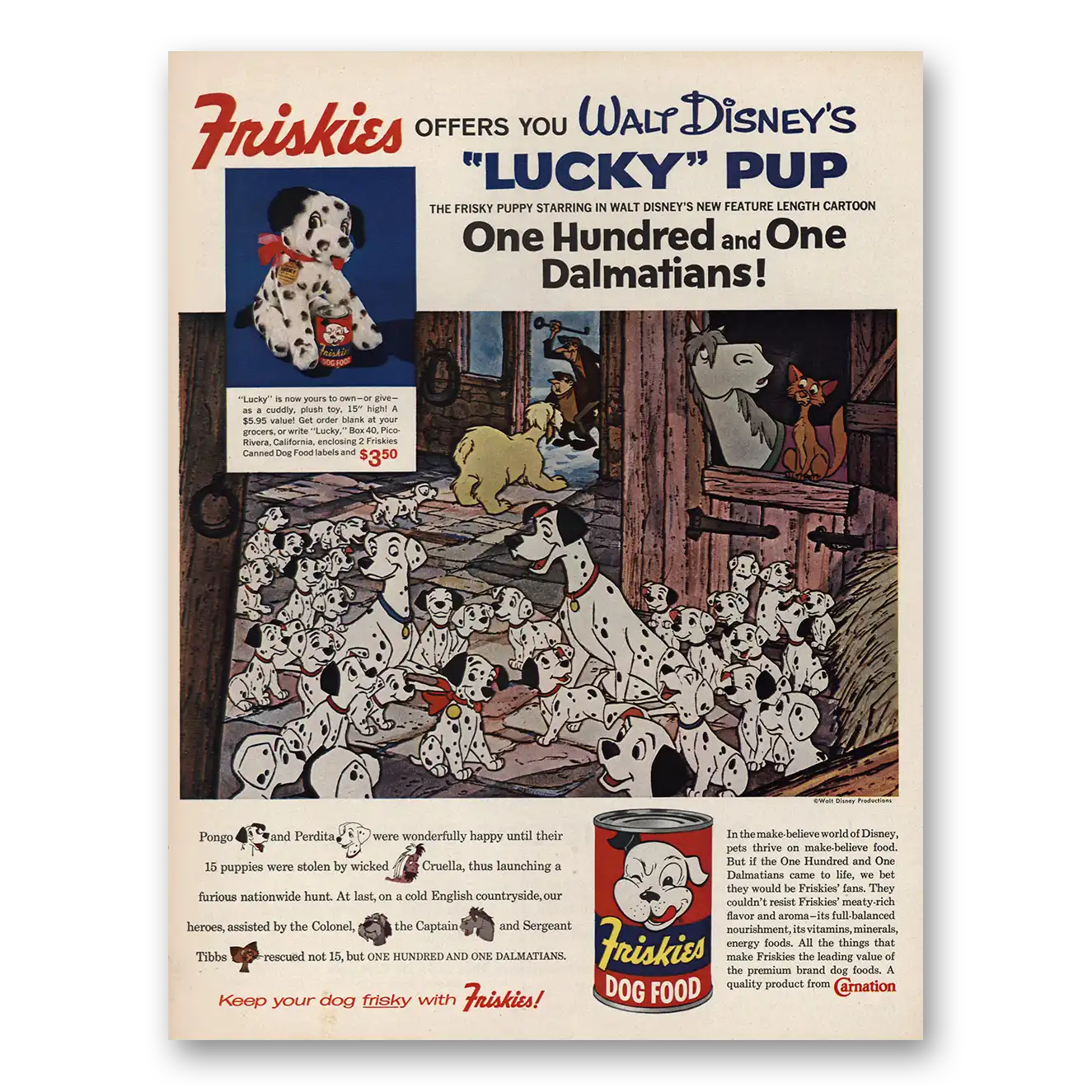 1961 Friskies Dog Food Lucky Pup One Hundred One Dalmatians Disney Vintage Magazine Print Ad