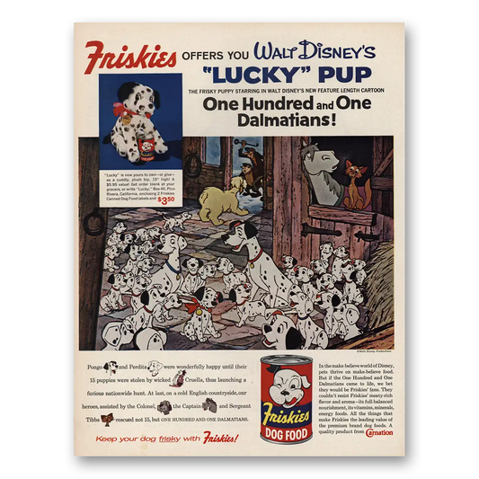 1961 Friskies Dog Food Lucky Pup One Hundred One Dalmatians Disney Vintage Magazine Print Ad