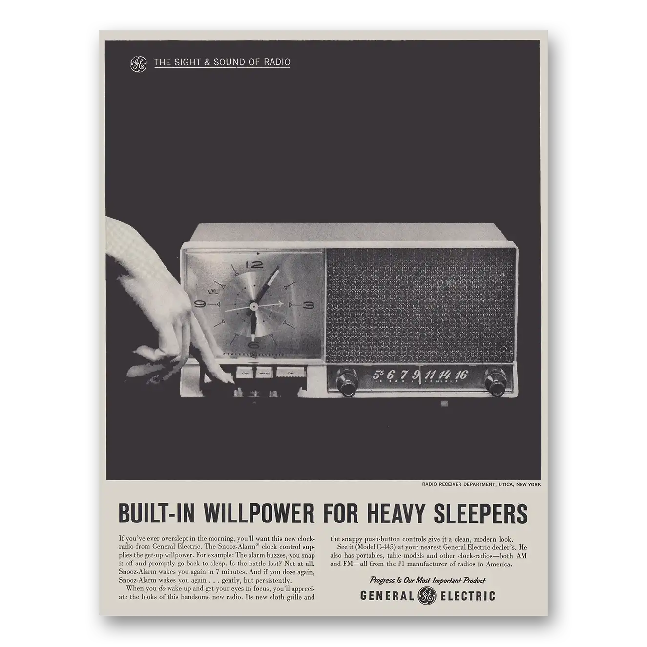 1961 General Electric Radio Built In Willpower for Heavy Sleepers Vintage Magazine Print Ad