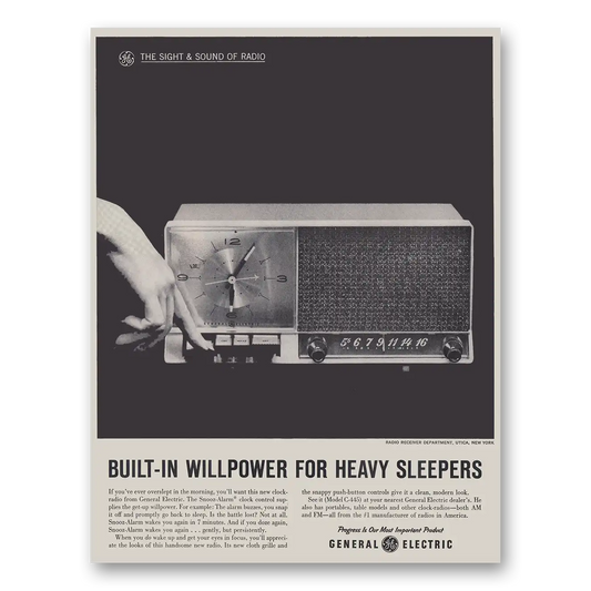 1961 General Electric Radio Built In Willpower for Heavy Sleepers Vintage Magazine Print Ad