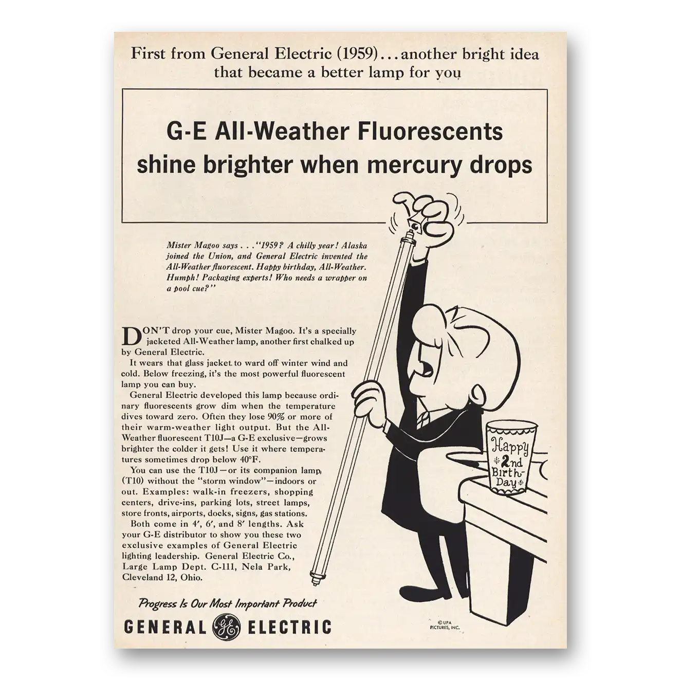 1961 GE Lamps All Weather Fluorescents Mr Magoo Shine Brighter Vintage Magazine Print Ad