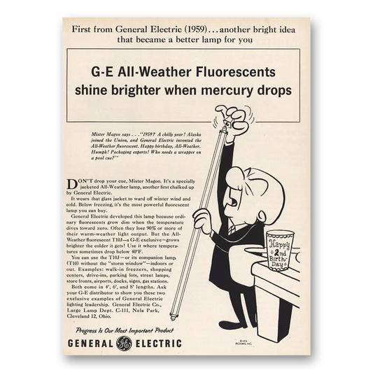 1961 GE Lamps All Weather Fluorescents Mr Magoo Shine Brighter Vintage Magazine Print Ad