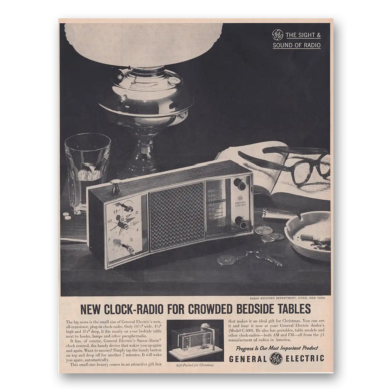 1961 General Electric Radio New Clock Radio for Crowded Bedside Tables Vintage Magazine Print Ad